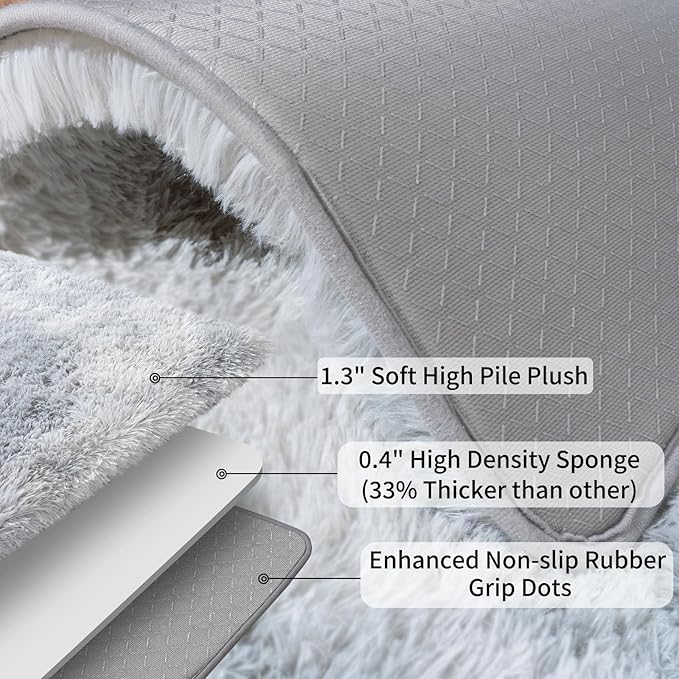 Ultra Soft Runner Rugs for Bedroom Hallways with Upgraded Non-Slip Rubber Backing & Thick Memory Sponge, 2x4 Feet Fluffy Shag Throw Area Rug for Bedside Dorm Tie-dye Light Grey