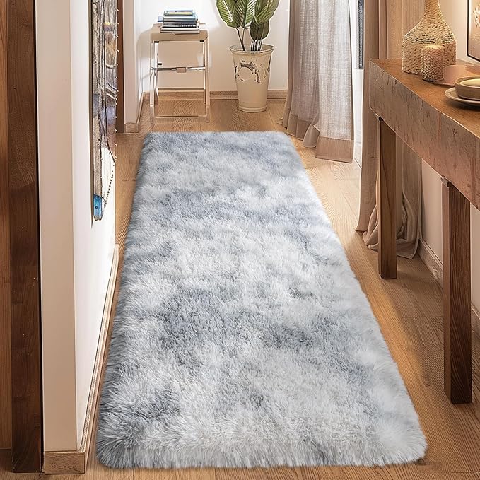 Ultra Soft Runner Rugs for Bedroom Hallways with Upgraded Non-Slip Rubber Backing & Thick Memory Sponge, 2 Packs 2x6 Feet Fluffy Shag Throw Area Rug for Bedside Dorm Tie-dye Light Grey