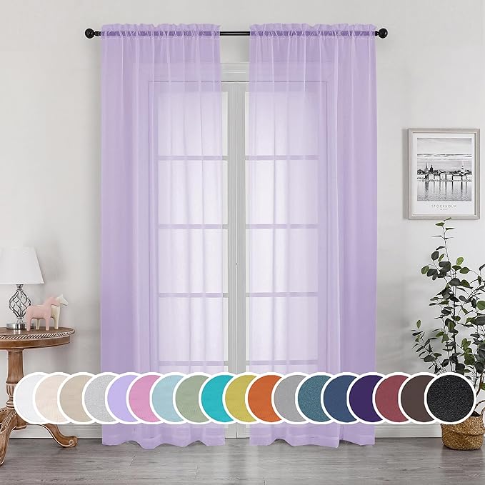OWENIE Light Purple Sheer Curtains 90 Inches Long 2 Panels Set for Living Room Bedroom, Light Filtering Rod Pocket Clear Sheer Curtain 2Pcs, Each 42" W x 90" L,Lavender