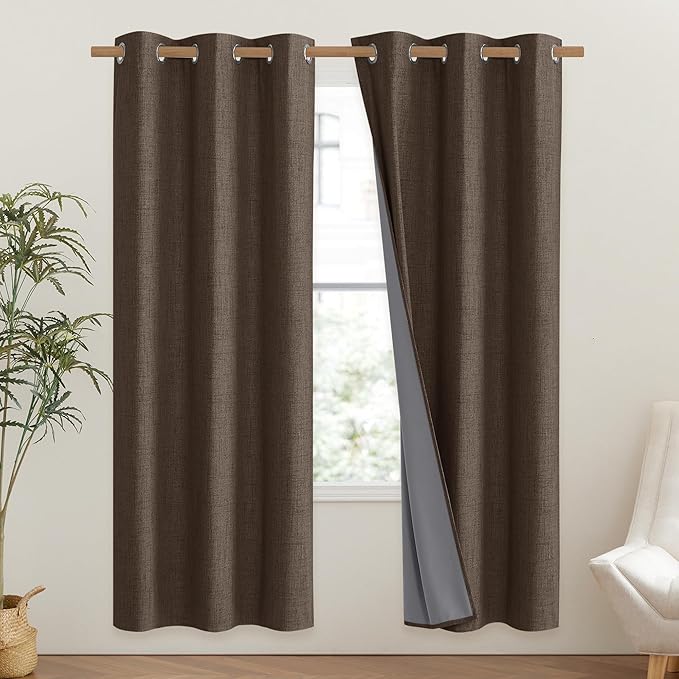 NICETOWN Coffee Vintage Linen 100% Blackout Curtains for Classroom, Thermal Insulated Curtains 72" Long, Noise Reducing Window Treatment Drapes for Gym Room, 42" Wide Per Panel, Set of 2
