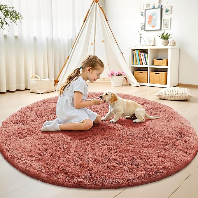 OLANLY Rust Red Round Rugs for Bedroom - Machine Washable, 9 ft Circle Area Rugs for Living Room, Soft and Fluffy Shaggy Carpet for Teen Girl and Boys, Nursery Rooms, Dorms, Home Decor Aesthetic