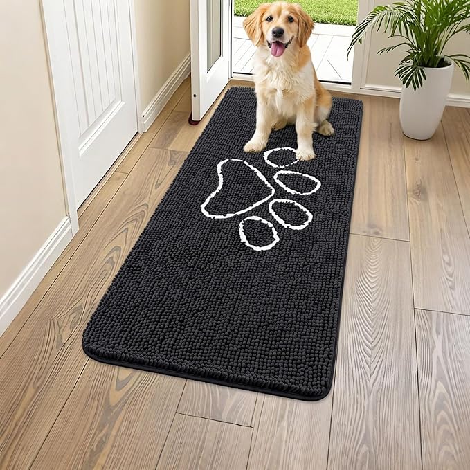 Smiry Dog Door Mat for Muddy Paws, Absorbent Dirt Trapper Non Slip Quick Dry Washable Chenille Mat for Mud Dogs, Entry Rug for Indoor and Outdoor (44x24 Inches, Black and White)