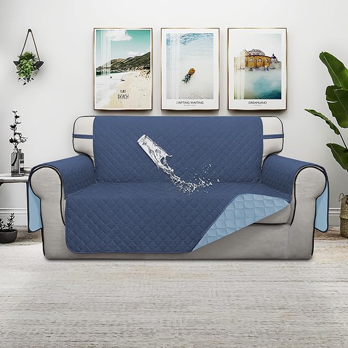 ISSUNTEX Double Protection 100% Waterproof Loveseat Covers for Living Room, Couch Covers for 2 Cushion Couch Sofa, Reversible Furniture Protector Sofa Cover for Dogs (Loveseat, Dark Blue/Light Blue)