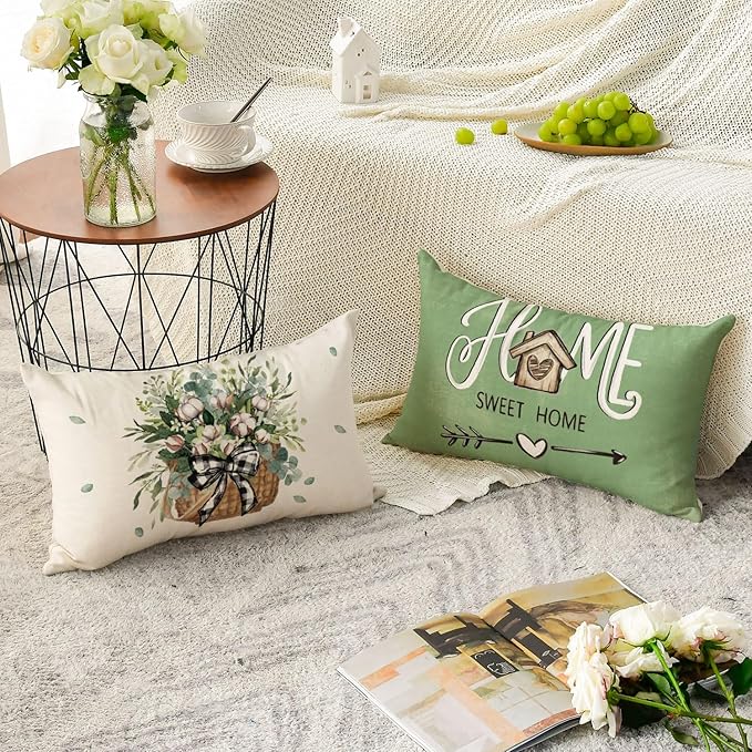 AVOIN colorlife Bless Our Home Farmhouse Eucalyptus Leaves Throw Pillow Covers, 12 x 20 Inch Green Truck Cushion Case Decorations Set of 4