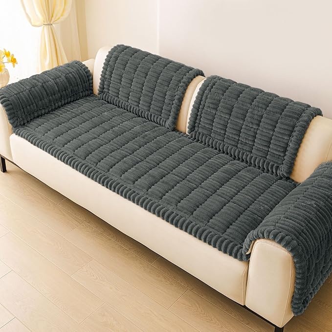 hyha Couch Covers for Dogs Washable, Non Slip Plush Dog Sofa Protectors, Fuzzy Pet Couch Covers for 3 Cushion Sofa Pet Friendly (Dark Grey, 27.6" x 59")