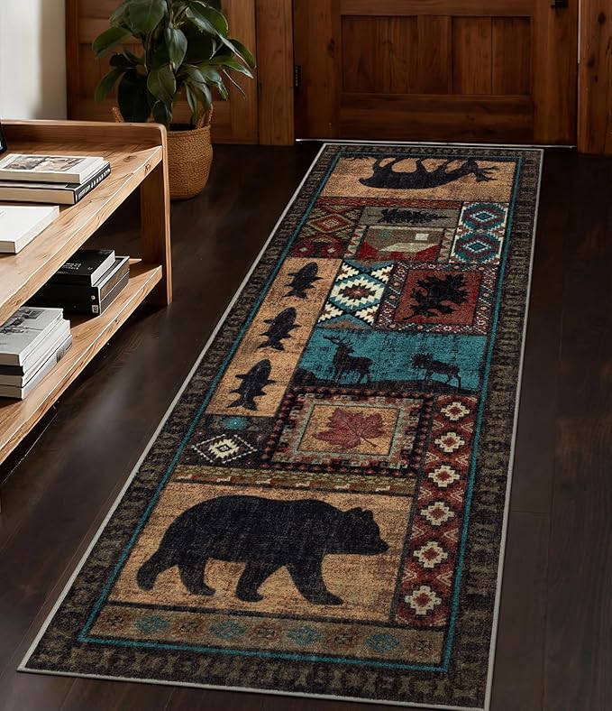 Hallway Runner Rug 2x6 Indoor Door Mat - Bear Rustic Cabin Non-Slip Entryway Rug, Low Pile Tribal Print for Kitchen, Bedroom