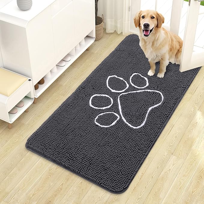 OLANLY Dog Door Mat for Muddy Paws 44x24, Paw Print Design, Absorbs Moisture and Dirt, Absorbent Non-Slip Washable Doormat, Quick Dry Chenille Mud Mat for Dogs, Entry Indoor Entryway Carpet, Dark Grey