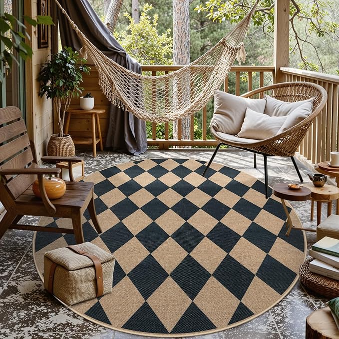Lahome Colette Checkered Round Rugs 6ft, Washable Easy Jute Circle Patio Rug Indoor Outdoor Rugs for Living Room, Farmhouse Natural Round Area Rug Contemporary Carpet for Entryway Backyard