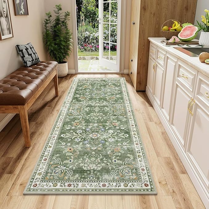 Yamaziot Washable Runner Rug 2x5 – Non Slip Boho Floral Hallway Runner Rug with Rubber Backing, Low Pile Faux Wool Distressed Carpet for Kitchen, Laundry, Bedroom, Entrance, Green