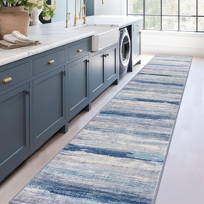 KOZYFLY Modern Abstract Washable Rug Runner 2.6x14 Hallway Rug Runner Non-Slip Soft Kitchen Runner Rugs, Blue/Grey/Beige Striped Carpet for Entryway Bathroom Laundry Room Foyer