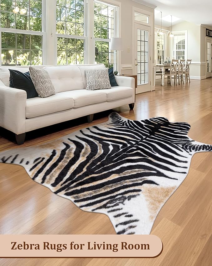 Zebra Print Rug for Living Room, Faux Fur Zebra Hide 5.2x7 Feet Animal Skin Rug for Bedroom Nursery Black and White