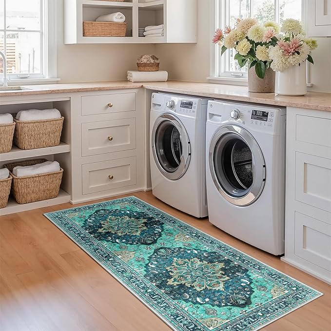 RELEANY Area Rugs 2'x5' Runner Rug Non Slip Washable for Kitchen Hallway Bedroom Beside Laundry Room Bathroom Rug, Floor Carpet, Teal Green Lake Blue Turquoise