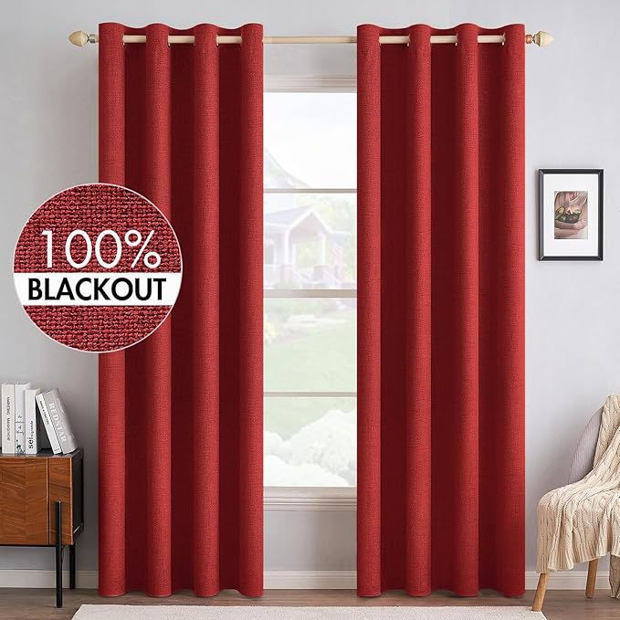 MIULEE 100% Blackout Linen Curtains for Bedroom Thermal Insulated Red Grommet Room Darkening Curtains & Drapes Christmas Decor for Living Room Nursery 52 x 96 Inch (2 Panels)