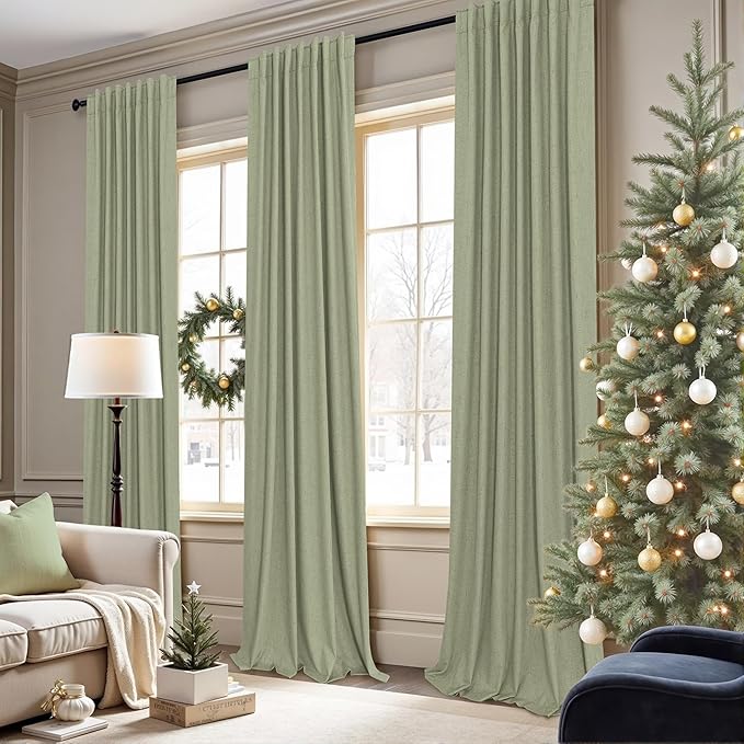 Light Sage Green Black Out Curtains 96 Inch Long for Bedroom 2 Panel Linen Textured Boho Blackout Curtains Darkening Neutral Farmhouse Thermal Drapes for Sliding Doors Patio Living Room 52x96 Length