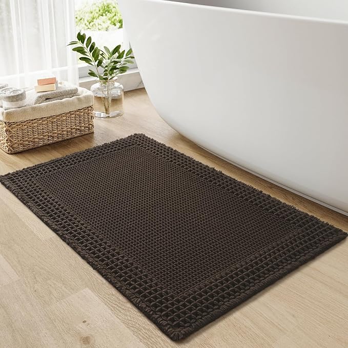 RESARE Waffle Bathroom Runner Rugs, Super Absorbent Bath Mat Non Slip Washable Quick Dry, Upgraded Ultra Soft Boho Bath Rugs with Tassels for Hallway Bedroom Laundry Room, 20"x32" Chocolate Brown