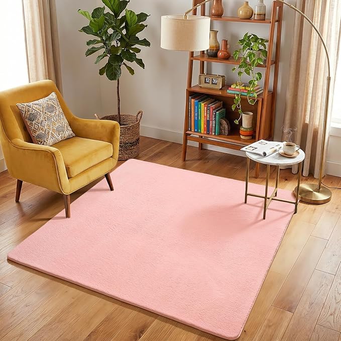 Amearea 5x5 Square Area Rugs for Bedroom Living Room, Modern Pink Thickened Memory Foam Rug, Fluffy Indoor Washable Rugs Non Slip Minimalist Carpet for Kids Boys Girls Dorm Nursery Room Decor