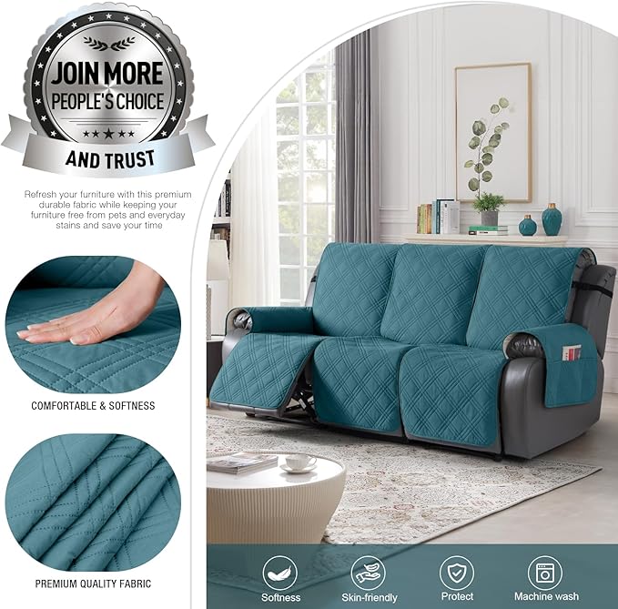 TAOCOCO 100% Waterproof Recliner Sofa Cover, Non Slip Split Couch Covers for Reclining Couches with Straps, Washable Reclining Sofa Cover Furniture Protector for Kids Pets(3 Seater, Peacock Blue)