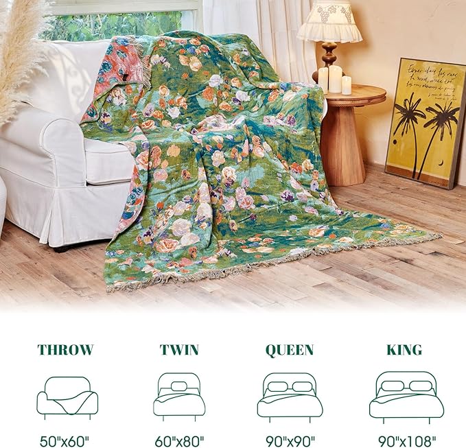 MSGKV Boho Throw Blanket for Bed Cotton Floral Twin Size Couch Blanket 60"x80" Muslin Spring Breathable Lightweight Farmhouse Blankets All Seasons