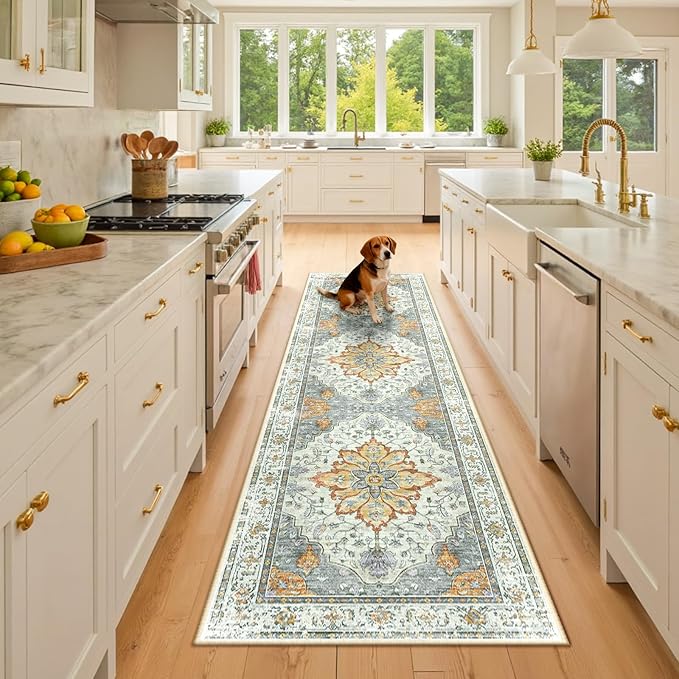 Area Rugs 2'6''x8' Runner Rug Non Slip Washable for Kitchen Hallway Bedroom Beside Laundry Room Bathroom Rug, Floor Carpet, Light Yellow Carbon Grey Orange
