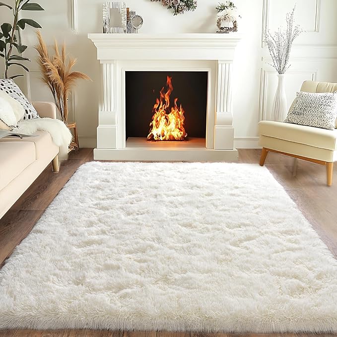 Pionblank Fluffy Area Rug for Bedroom 4x6 Feet, Indoor Plush Carpet, Shag Soft Bedside Rug, Cute Comfy Furry Rug for Living Room Dorm Girls Boys Room Nursery Decor, Cream White