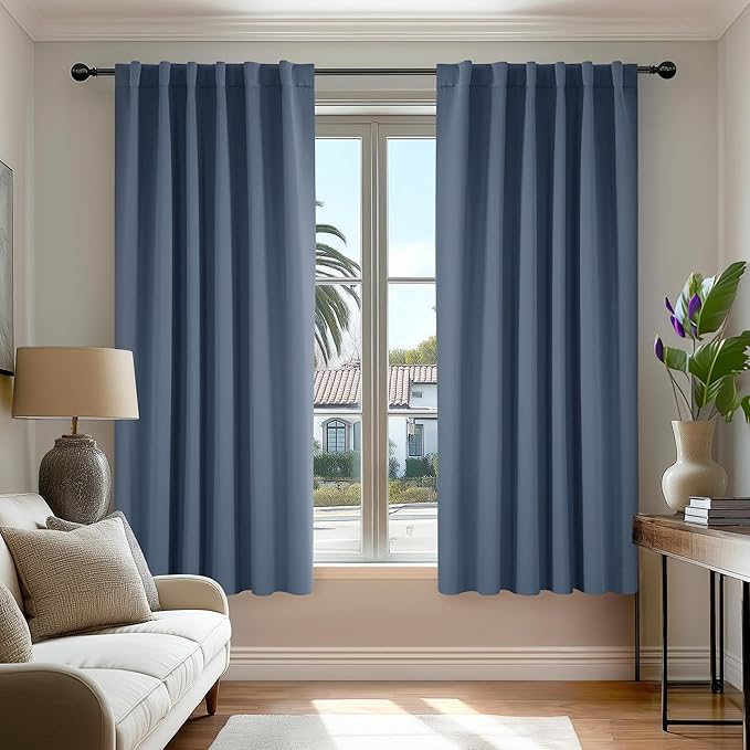 Deconovo Blackout Curtains, Thermal Insulated, W52 x L63 2 Panels, Back Tab, Machine Washable, Room-Darkening Drapes for Bedroom/Living Room Stone Blue