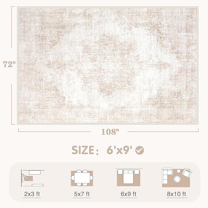 Area Rug 6x9 Vintage Rugs: Washable Living Room Rug Retro Medallion Distressed Large Rug Soft Low Pile Non-Slip Rugs Indoor Floor Carpet for Bedroom Kitchen Nursery Dining Table Office (Beige/Brown)