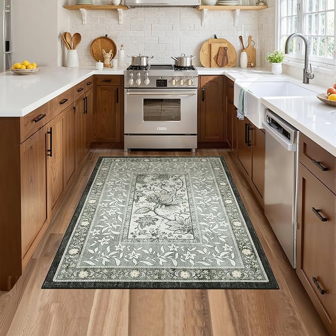 GarveeHome Provence Botanical Grove 4x6 Rug Vintage Cottagecore Soft Gray Fog Green 4x6 Washable Rug for Bedroom Living Room Nursery Kitchen Entryway Indoor Mat