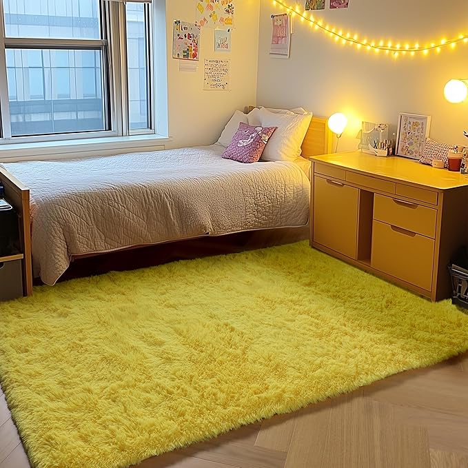 ONASAR Yellow Area Rugs for Bedroom Living Room, Fluffy 4x6 Indoor Bedside Floor Throw Rug, Soft Plush Shaggy Carpet for Nursery Kids Girls Boys Teen Dorm Home Office Decor Aesthetic