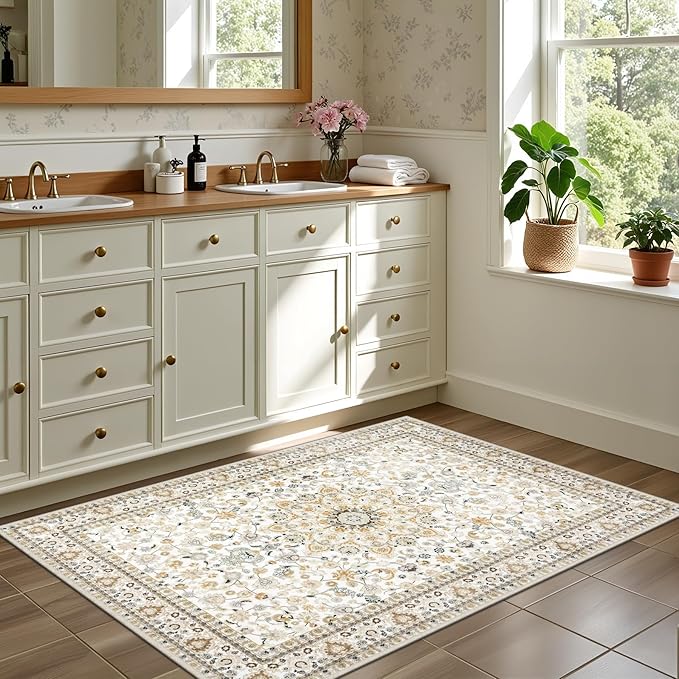 2x3 Area Rugs Living Room Rug: Washable Vintage Boho Rug No Slip Stain Resistant Soft Carpet Indoor Floor Floral Large Carpets for Bedroom Dining Room Farmhouse Nursery Hallway Home Office Beige