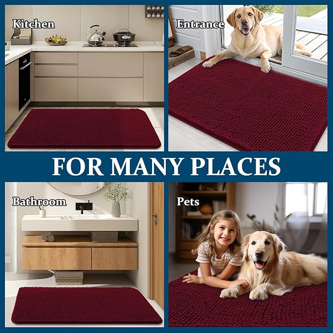 OLANLY Dog Door Mat for Muddy Paws 54x32, Absorbs Moisture and Dirt, Absorbent Non-Slip Washable Doormat, Quick Dry Chenille Mud Mat for Dogs, Entry Indoor Entryway Carpet for Inside Floor, Burgundy