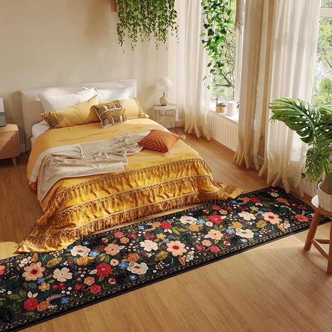 Rugcomf Runners for Hallways Kitchen Rug Non Slip 2'x 10' Long Washable Runner Rugs with Rubber Backing Soft Floral Carpet Runner for Hallways, Kitchen, Laundry, Bedroom, Bathroom(Black)