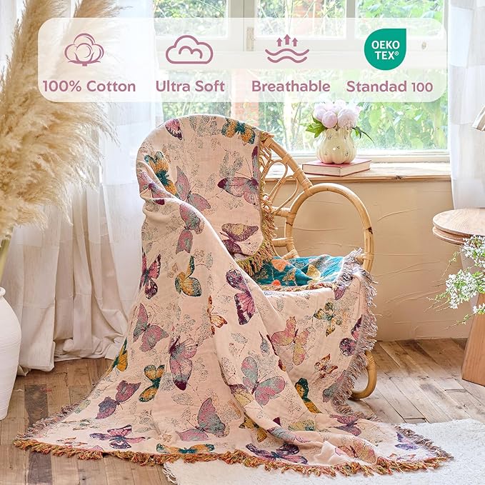 MSGKV Boho Throw Blanket for Bed Cotton Butterfly Twin Size Couch Blanket 60"x80" Muslin Spring Breathable All Seasons Lightweight Farmhouse Blankets