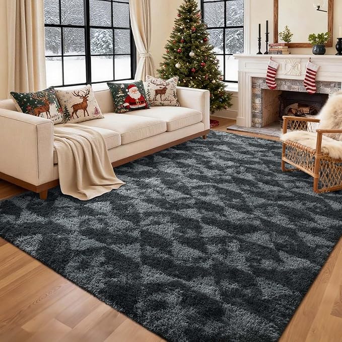5x7 Ft Large Shag Rugs for Bedroom Living Room for Men Boys, Tie Dyed Ultra Soft Fluffy Furry Area Rug for Indoor Floor, Aesthetic Carpet for Home Decor (Black Grey)