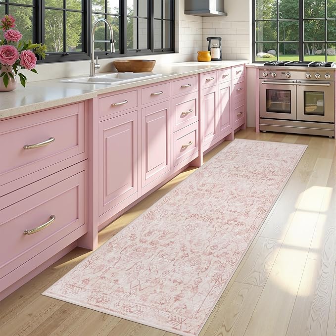 Area Rug Runner 3x7 Pink Ivory Floral Tufted Polyester