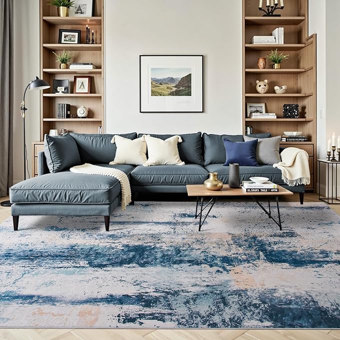 Toneed Abstract Area Rug 6x9 Modern Washable Rug Soft Non Slip Rug Low Pile for Bedroom Living Room Dining Room Dusty Teal Grey