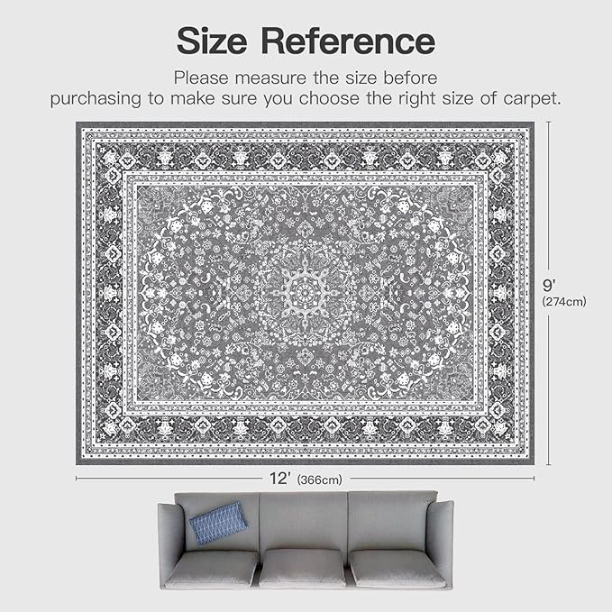 Lofus 9x12 Area Rugs for Living Room, Machine Washable Non-Slip Area Rug, Low Pile Large Rugs for Bedroom, Kitchen, Dining Room, Home Office, Vintage Oriental Print Rug, Light Grey with White
