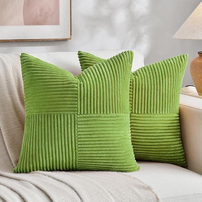 Fancy Homi Set of 2 Lime Green Euro Decorative Throw Pillow Covers 28x28 Inch for Bedroom Couch Bed, Farmhouse Boho Home Decor, Soft Cross Corduroy Patchwork Textured Square Cushion Case 71x71 cm
