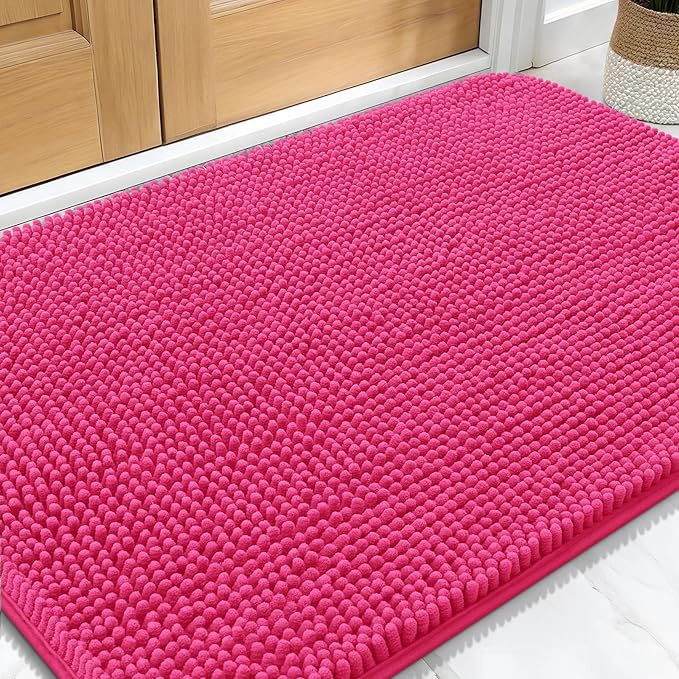 OLANLY Dog Door Mat for Muddy Paws 32x20, Absorbs Moisture and Dirt, Absorbent Non-Slip Washable Doormat, Quick Dry Chenille Mud Mat for Dogs, Entry Indoor Entryway Carpet for Inside Floor, Hot Pink