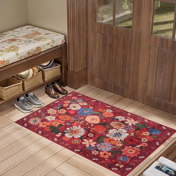 Area Rugs 24x17 Inch Home Decor Entry Rug, Small Door Mat Bath Mats for Bathroom, Ultra-Thin Non Slip Floral Low Pile Tub Mat for Sink Shower Doorway Tub Kitchen Sink(2 x 1.4 ft, Red Garden)