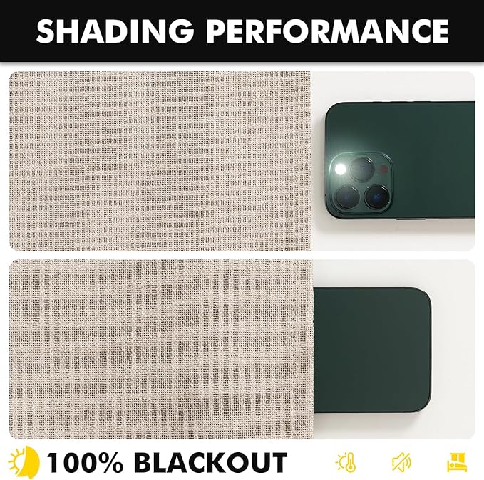 MIULEE 100% Blackout Linen Curtains for Bedroom, Khaki Solid Luxury Decor Thermal Insulation Room Darkening Drapes for Living Room Nursery Back Tab Rod Pocket 42 x 96 Inches, 2 Panels
