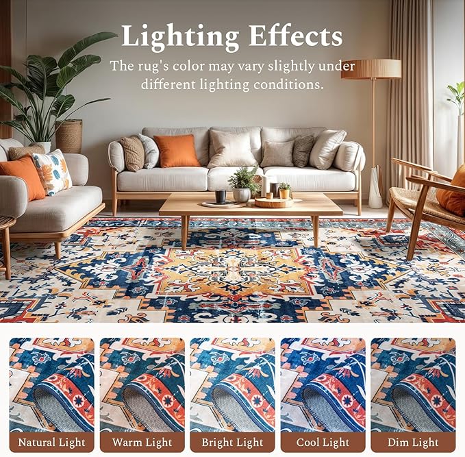 Rugflix 5x7 Area Rug for Living Room, Machine Washable Area Rugs with Non-Slip Backing, Large Soft Boho Vintage Rug for Bedroom, Dining Room, Low Pile Carpet, Kids Pet Friendly, Red
