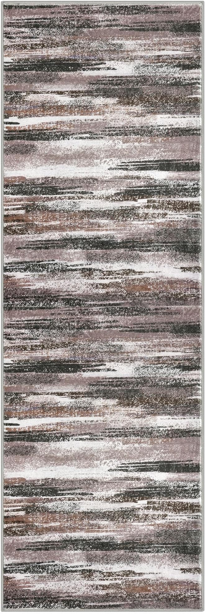 Lansny Modern Abstract Runner Rug 2.6x8, Dark Light Brown White Washable Kitchen Runner Non-Slip Soft Hallway Rug Runner Thin Print Faux Wool Carpet for Entryway Bedroom Laundry Room Indoor