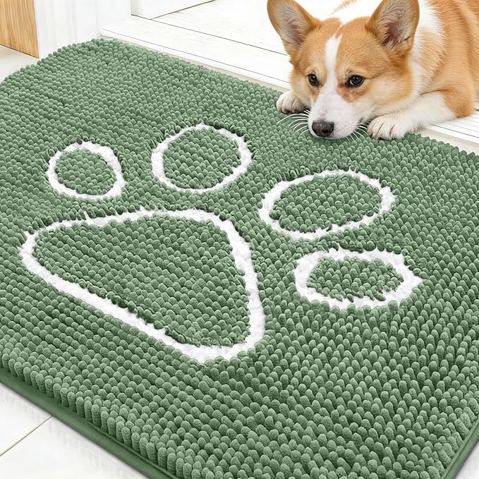 OLANLY Dog Door Mat for Muddy Paws 30x20, Paw Print Design, Absorbs Moisture and Dirt, Non-Slip Washable Doormat, Quick Dry Chenille Mud Mat, Entry Indoor Entryway Carpet, Olive Green and White