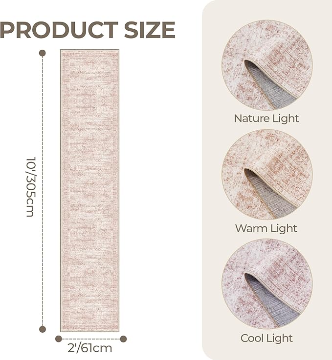 Long Bathroom Rugs Runner - Washable Runner Rugs for Hallway 2x10, Ultra-Thin Soft Kitchen Carpet Runner, Anti Slip Backing Runner Rugs for Entrance, Bedroom, Living Room(2'x10', Pink/Ivory)