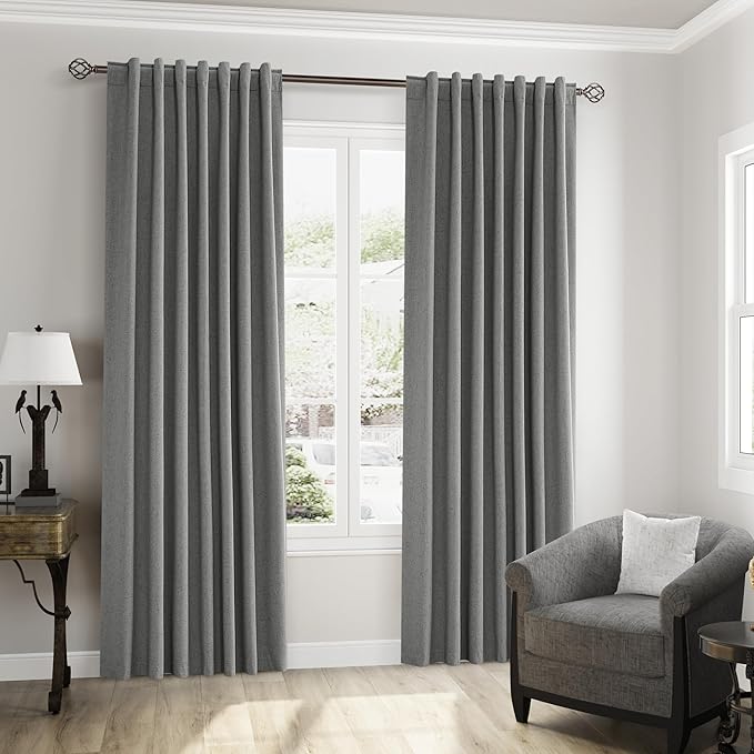 Guken 100% Blackout Linen Curtains 80 Inch Length 2 Panels Set for Living Room Bedroom Back Tab Thermal Insulated Black Out Linen Drapes Room Darkening Window Curtains,Dark Grey