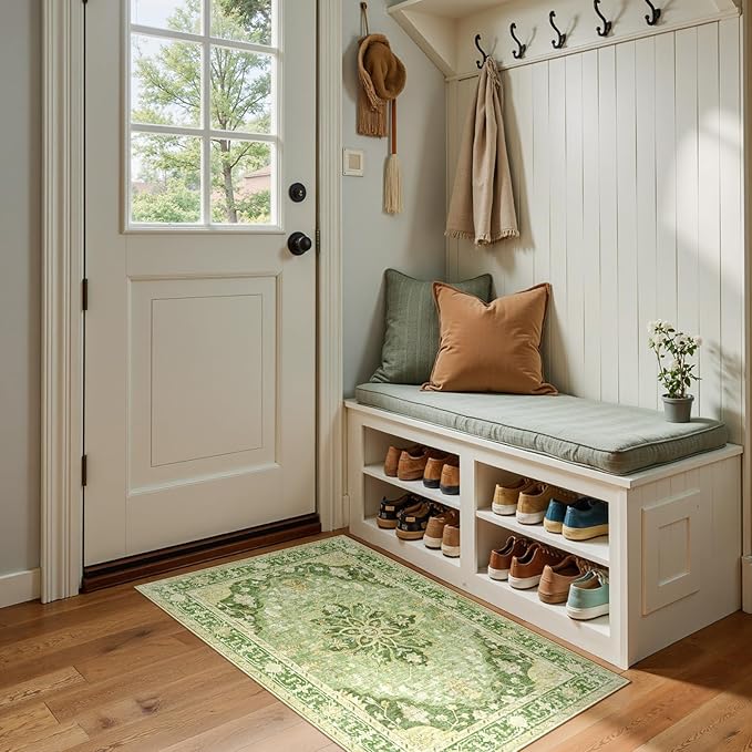 Area Rugs 2'x4' Kitchen Rugs Entry Rug Small Rugs for Entryway Kitchen Bathroom Door Mat Indoor Entrance,Washable Non Slip, Sage Green Yellow