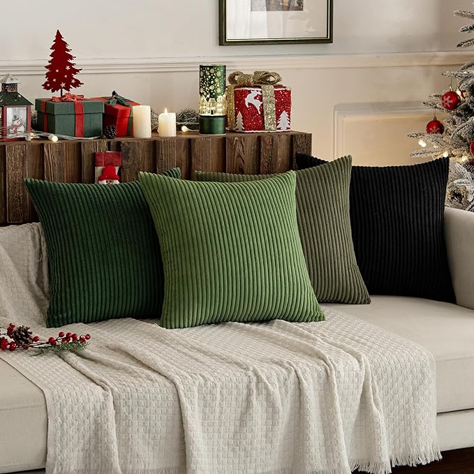 MIULEE Boho Farmhouse Throw Pillow Covers 18x18 Inch Set of 4 Mordern Neutral Green Cushion Covers Soft Corduroy Nordic Home Decor for Spring Couch Bed Sofa Living Room Green-Black