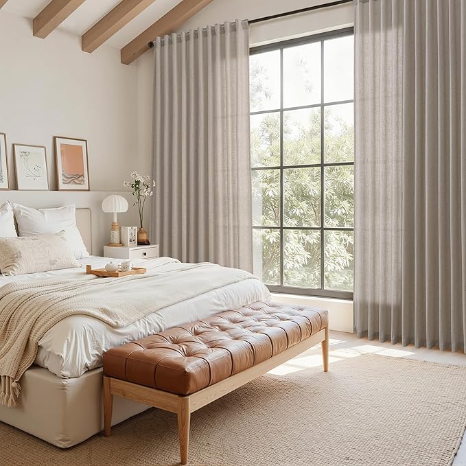 Nanspring Stone Beige Linen Curtains for Living Room 108 Inches Long Simple Modern Light Filtering Semi Sheer Curtain Back Tab Farmhouse Floor to Ceiling High Window for Bedroom 52x108, 2 Panels