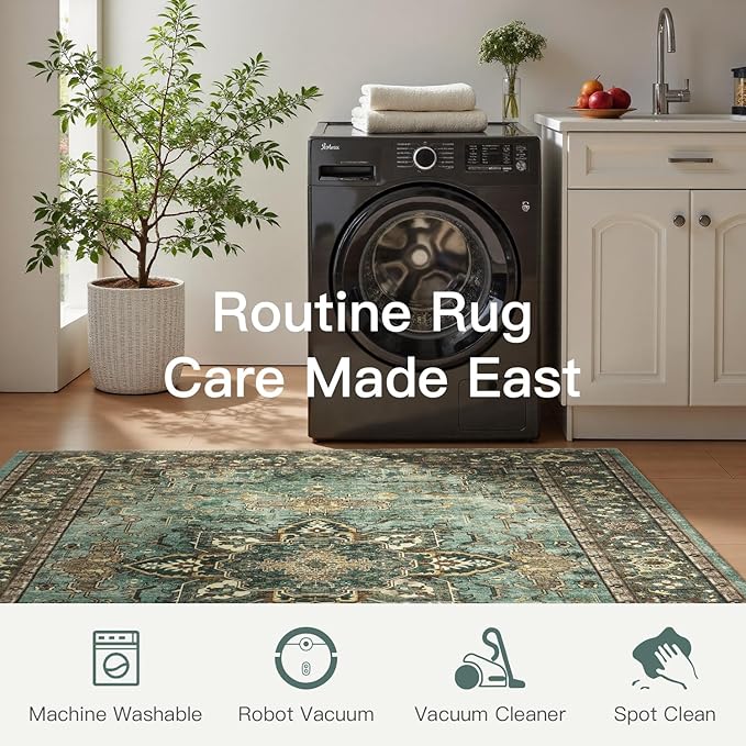 Lofus 8x10 Area Rugs for Living Room, Washable Area Rug, Rugs for Bedroom, Kitchen, Vintage Boho Carpet, Soft Non-Slip, Low Pile Large Area Rug for Office Dining Room, Green