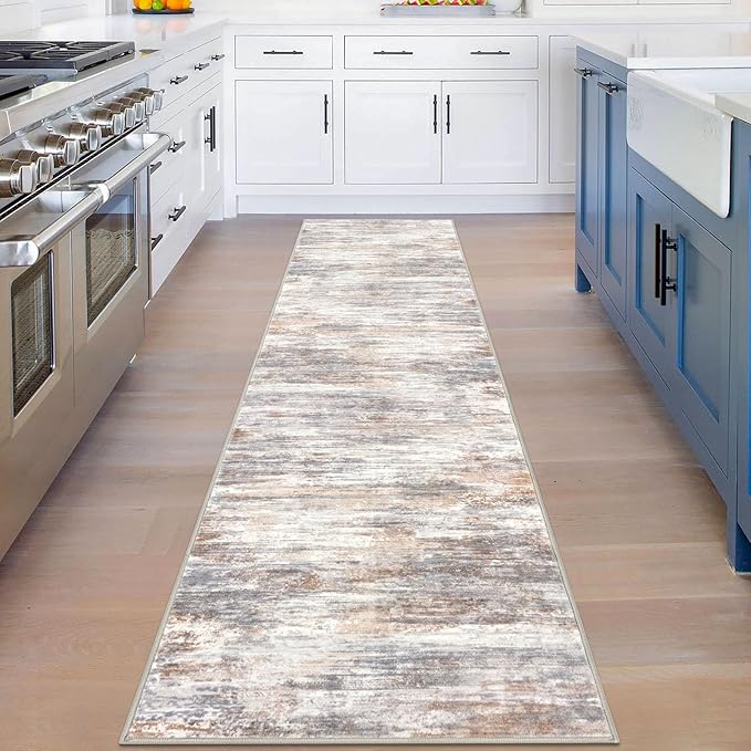KOZYFLY Modern Abstract Hallway Runner Rug, 2x8 Kitchen Rugs Non-Slip Washable Soft Striped Kitchen Runner Rugs, Print Multi Grey/Orange Carpet Runner for Entryway Bathroom